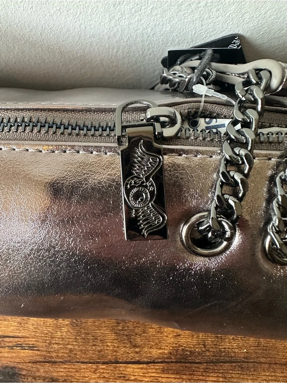Von Dutch Metallic Barrel Shoulder Bag with Black Embroidered Logo, Chain NWT